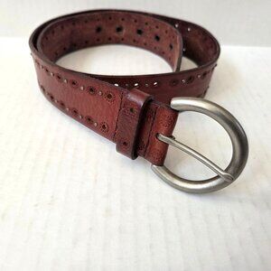 Fossil Belt Womens Small Brown Leather Floral Embossed Silver Studs Boho Hippie